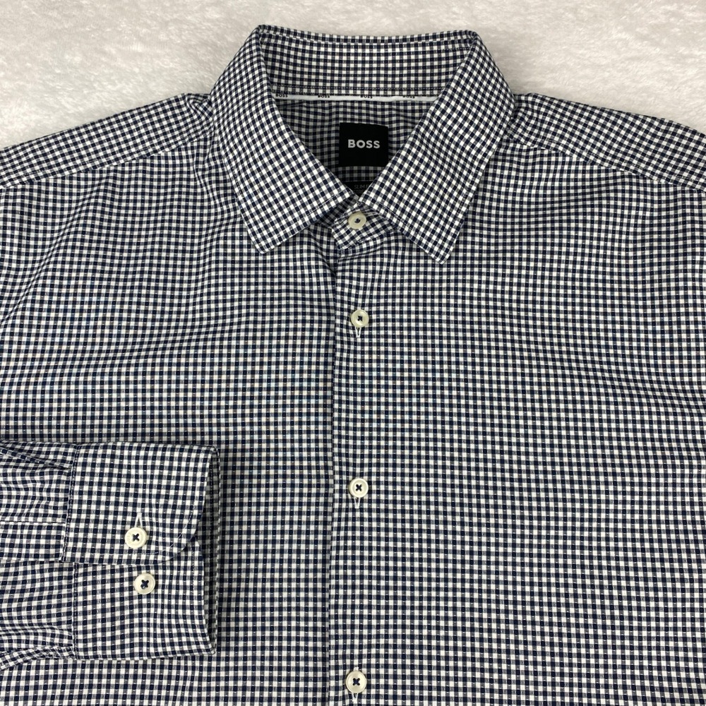 Hugo Boss Slim Fit Stretch Shirt Navy Gingham Check L 42 16.5 Mens Long Sleeve